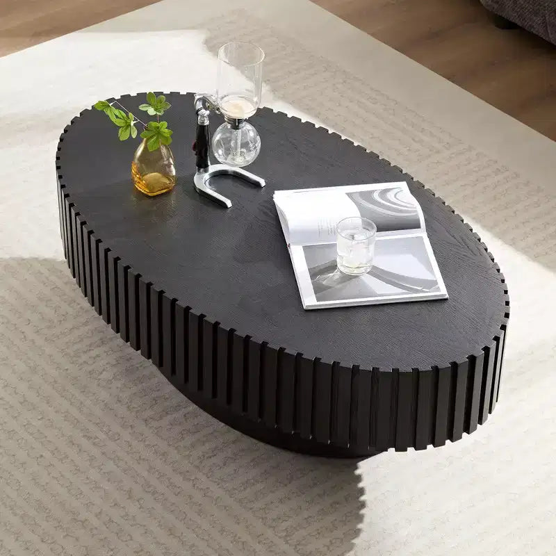 Table basse ovale moderne Okak, 112 cm de long avec piédestal robuste, table basse tambour compacte pour petit salon ou bureau