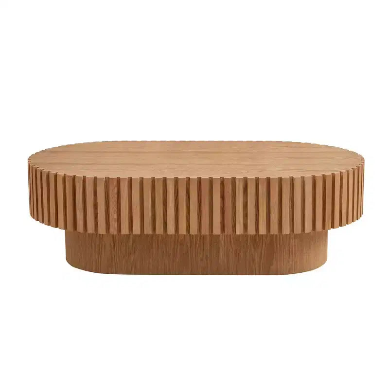 Table basse ovale moderne Okak, 112 cm de long avec piédestal robuste, table basse tambour compacte pour petit salon ou bureau