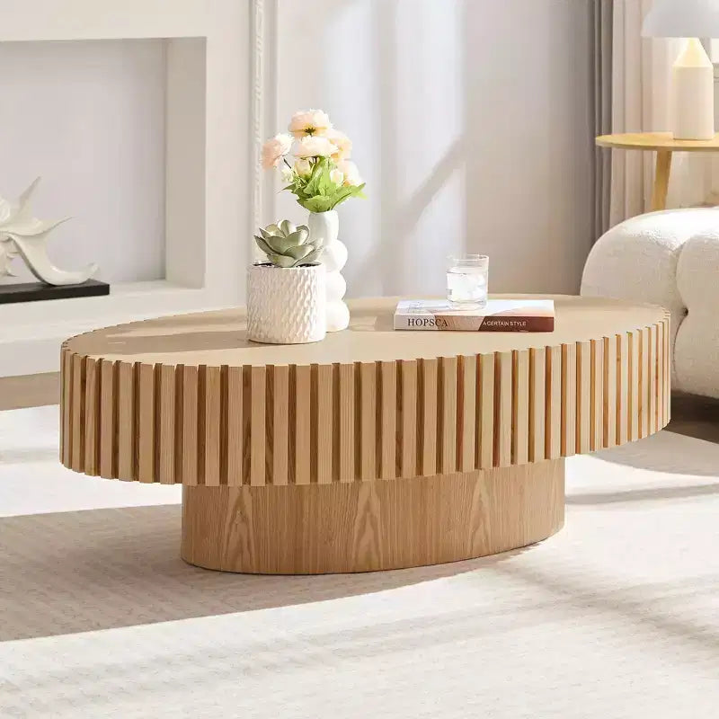 Table basse ovale moderne Okak, 112 cm de long avec piédestal robuste, table basse tambour compacte pour petit salon ou bureau
