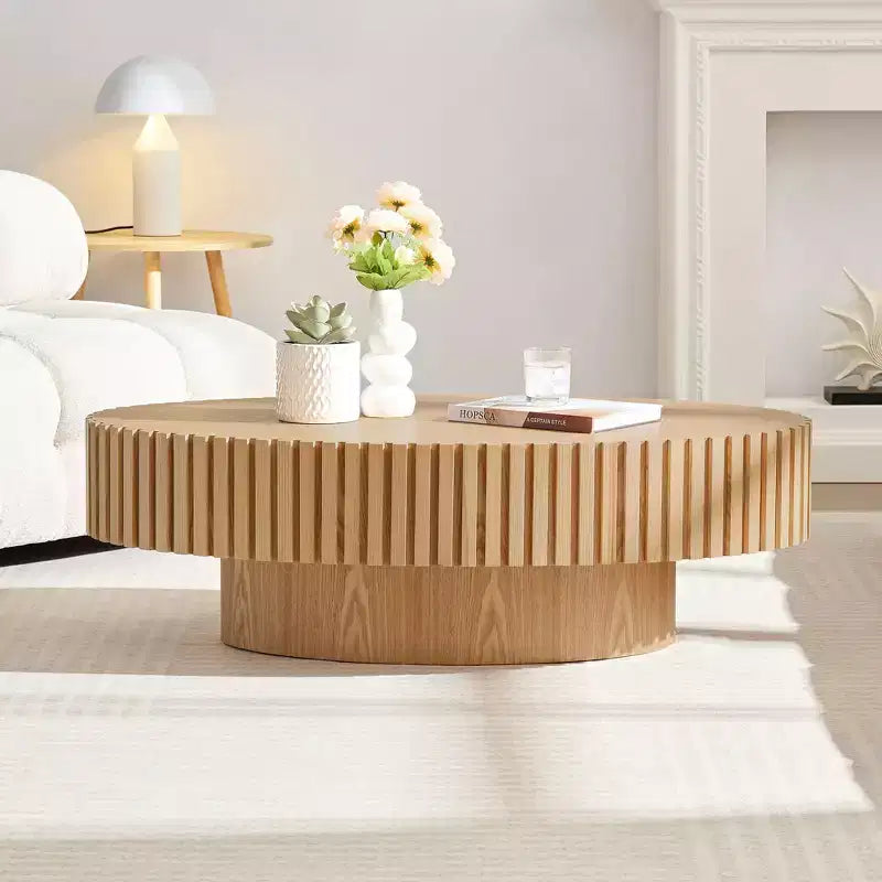 Table basse ovale moderne Okak, 112 cm de long avec piédestal robuste, table basse tambour compacte pour petit salon ou bureau