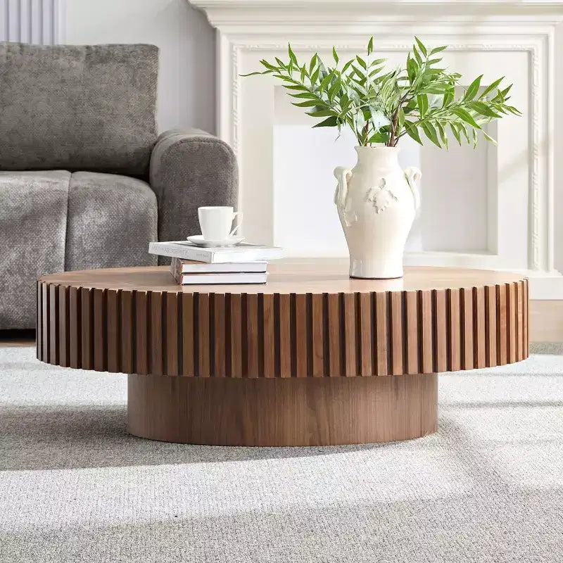 Okak Modern Handcrafted Oval Coffee Table, 44L with Sturdy Pedestal, Space-Saving Drum Center Table for Small Living Room Office