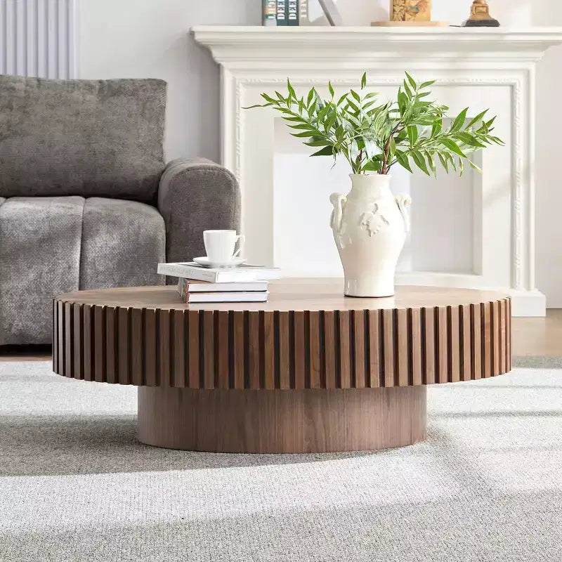 Table basse ovale moderne Okak, 112 cm de long avec piédestal robuste, table basse tambour compacte pour petit salon ou bureau