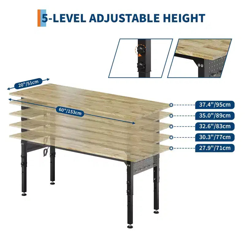 Établi réglable en bois d'hévéa pour la maison, le bureau, l'atelier, durable et polyvalent