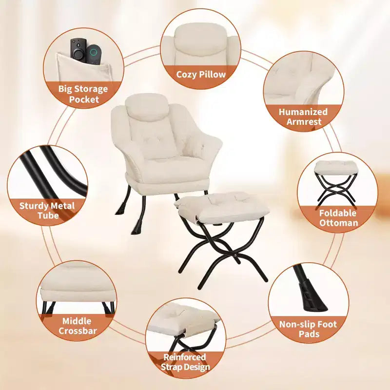Fauteuil confortable GustoWave avec repose-pieds pliant, fauteuil de lecture en velours pour adultes, meuble d'appoint compact