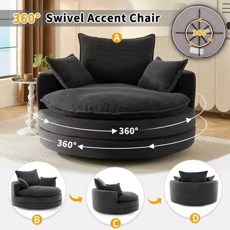 Fauteuil canapé rond pivotant Whisen en velours côtelé avec coussin double épaisseur et 3 oreillers amovibles
