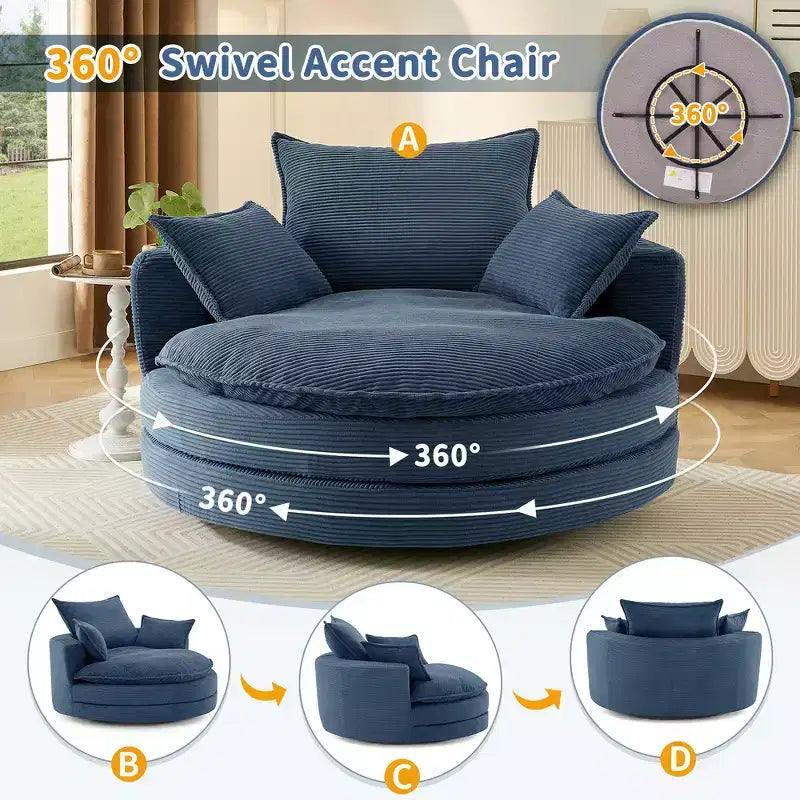 Fauteuil canapé rond pivotant Whisen en velours côtelé avec coussin double épaisseur et 3 oreillers amovibles