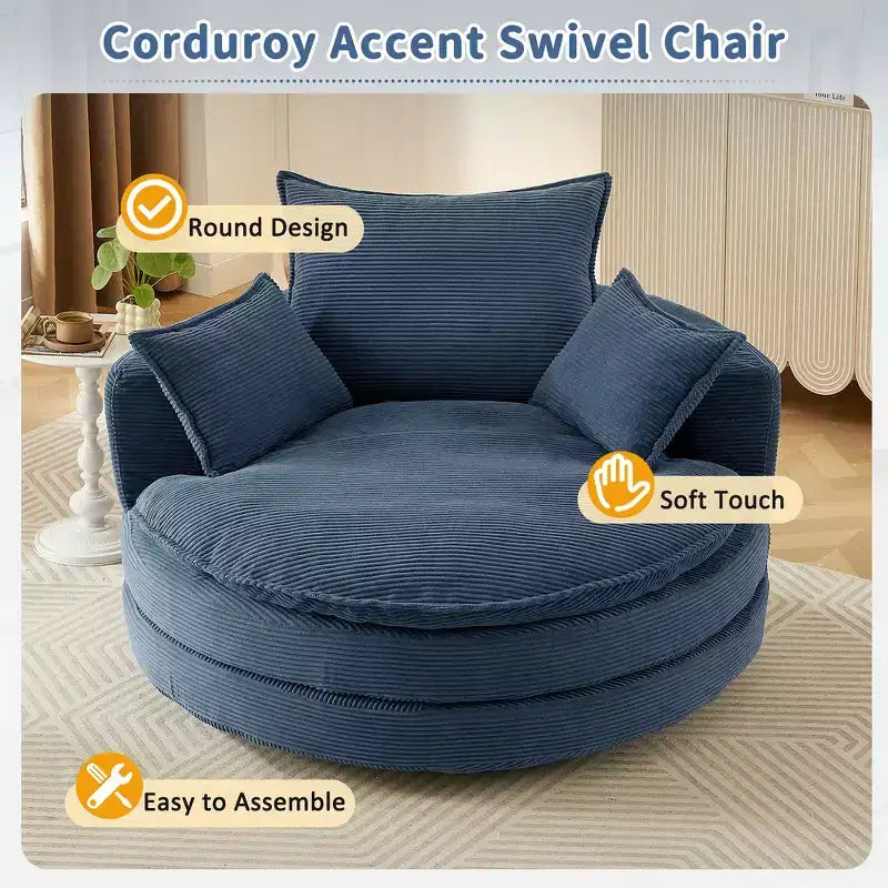 Fauteuil canapé rond pivotant Whisen en velours côtelé avec coussin double épaisseur et 3 oreillers amovibles