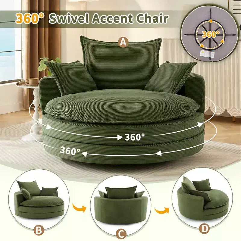 Fauteuil canapé rond pivotant Whisen en velours côtelé avec coussin double épaisseur et 3 oreillers amovibles