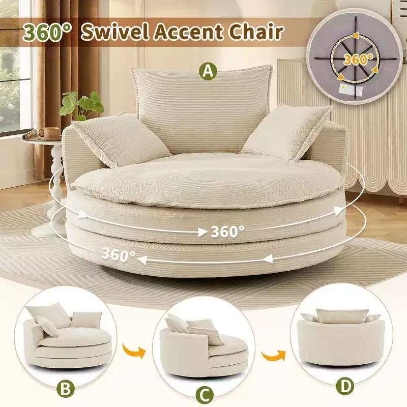 Fauteuil canapé rond pivotant Whisen en velours côtelé avec coussin double épaisseur et 3 oreillers amovibles