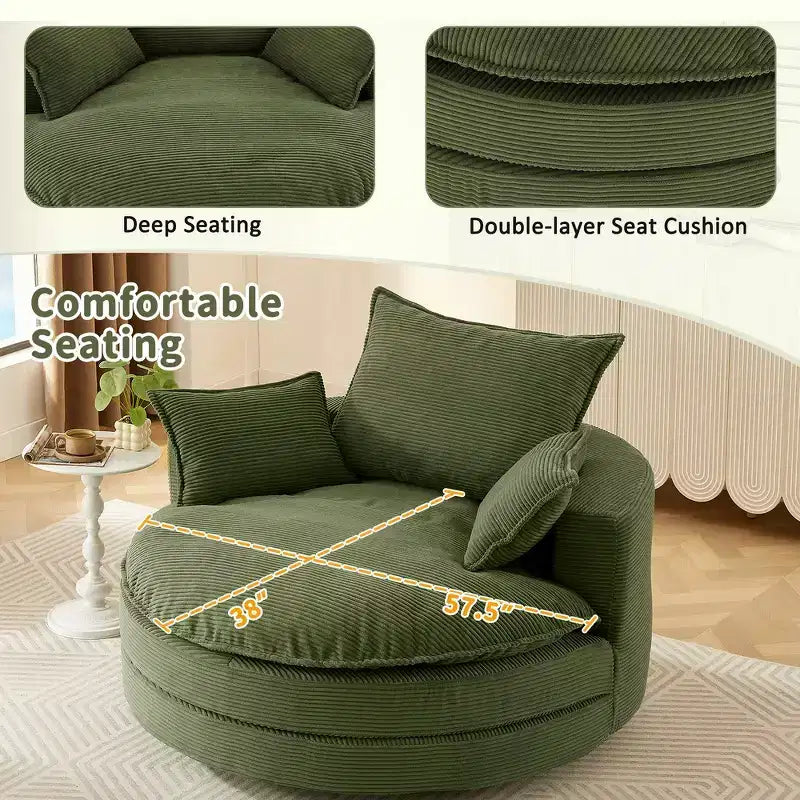 Fauteuil canapé rond pivotant Whisen en velours côtelé avec coussin double épaisseur et 3 oreillers amovibles