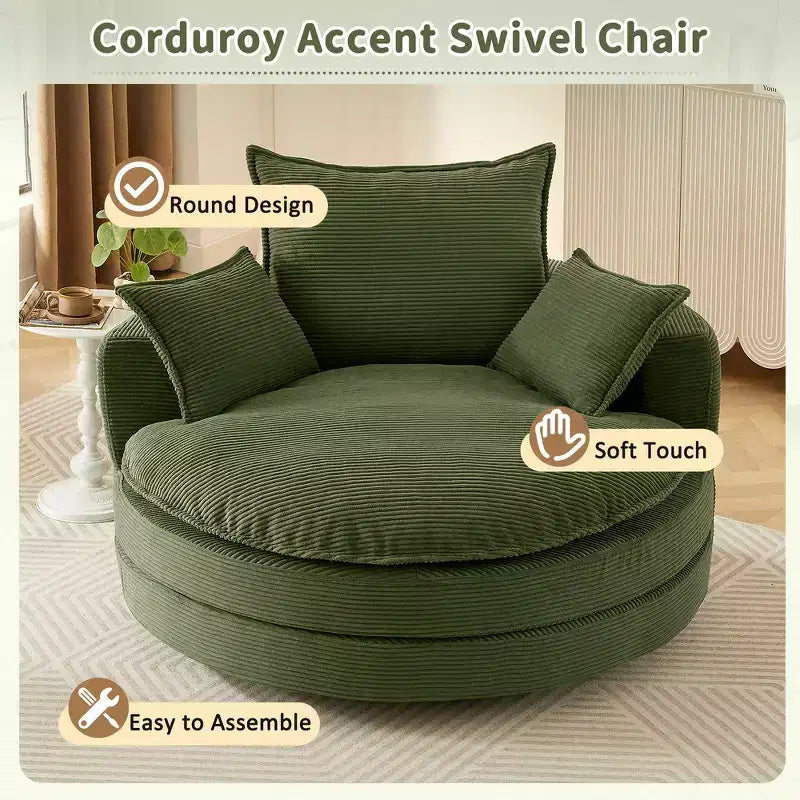 Fauteuil canapé rond pivotant Whisen en velours côtelé avec coussin double épaisseur et 3 oreillers amovibles