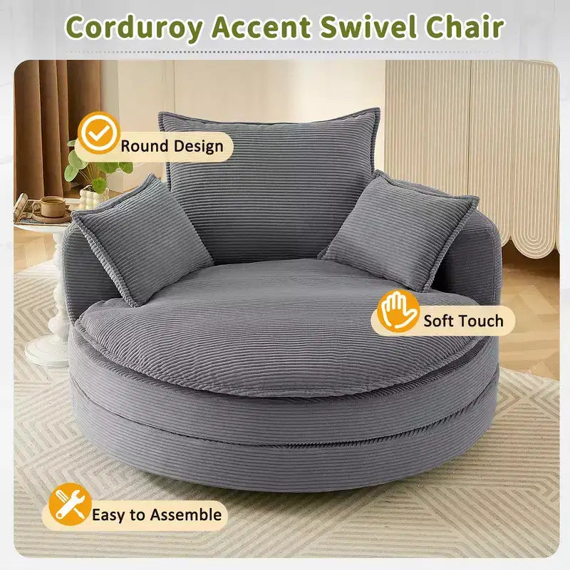 Fauteuil canapé rond pivotant Whisen en velours côtelé avec coussin double épaisseur et 3 oreillers amovibles