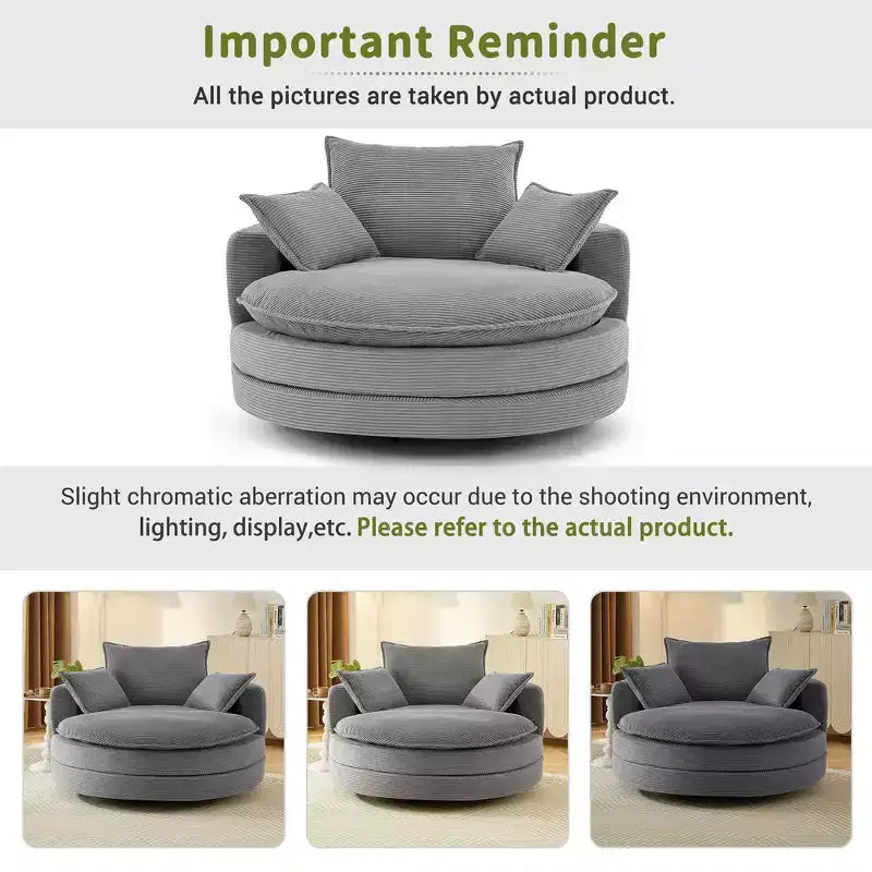 Fauteuil canapé rond pivotant Whisen en velours côtelé avec coussin double épaisseur et 3 oreillers amovibles
