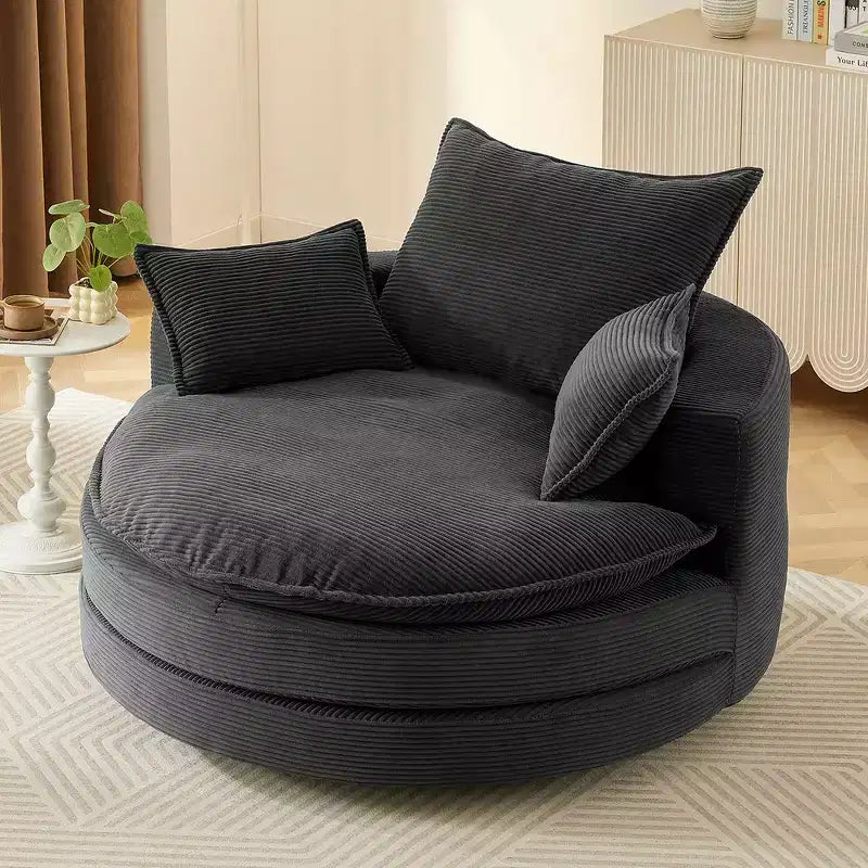 Fauteuil canapé rond pivotant Whisen en velours côtelé avec coussin double épaisseur et 3 oreillers amovibles