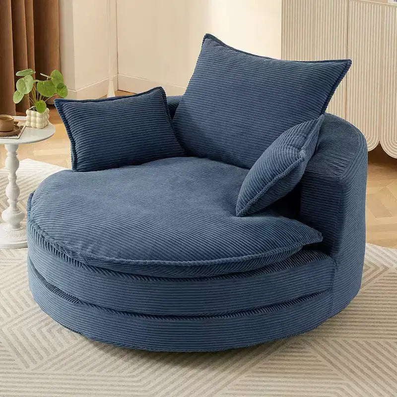 Fauteuil canapé rond pivotant Whisen en velours côtelé avec coussin double épaisseur et 3 oreillers amovibles