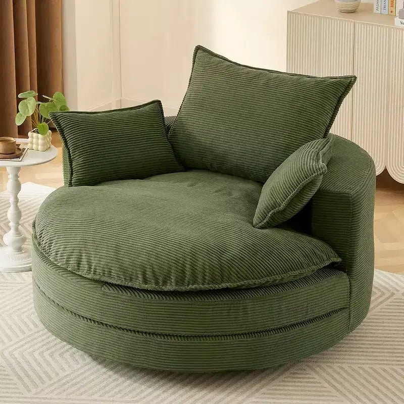 Fauteuil canapé rond pivotant Whisen en velours côtelé avec coussin double épaisseur et 3 oreillers amovibles