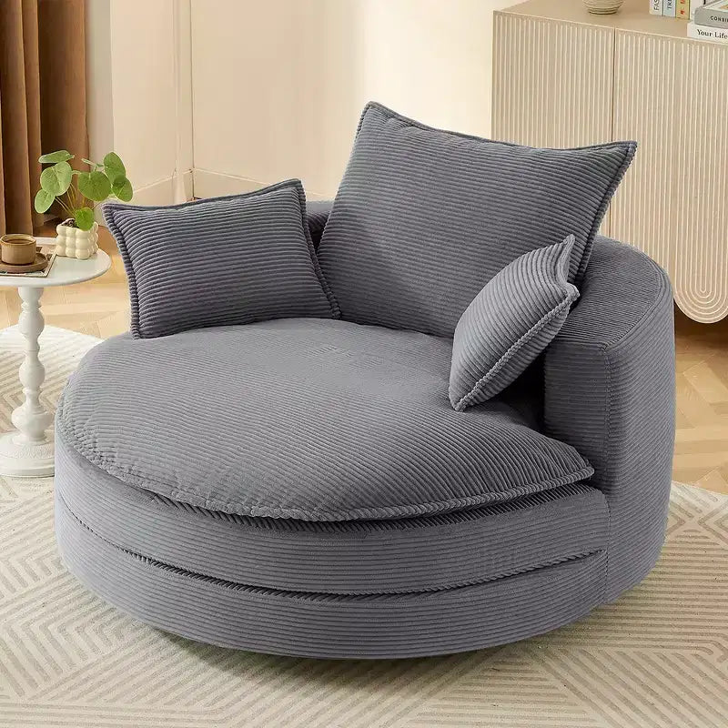 Fauteuil canapé rond pivotant Whisen en velours côtelé avec coussin double épaisseur et 3 oreillers amovibles