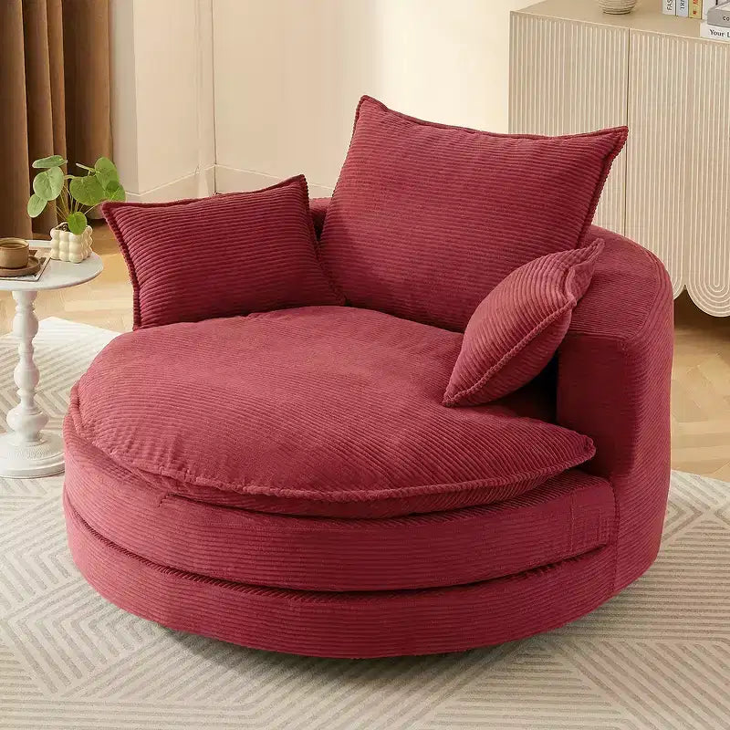 Fauteuil canapé rond pivotant Whisen en velours côtelé avec coussin double épaisseur et 3 oreillers amovibles
