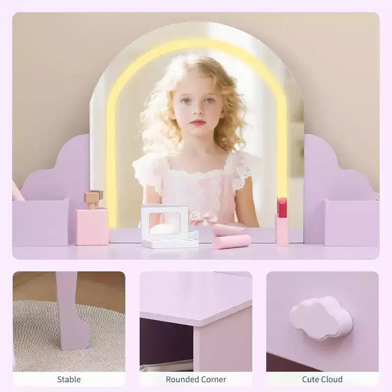 Coiffeuse Acekool pour enfants avec miroir et tabouret lumineux, LED réglables, tiroir, étagères de rangement, coiffeuse pour filles de 3 à 9 ans, Blanc