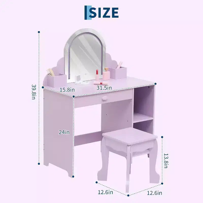 Coiffeuse Acekool pour enfants avec miroir et tabouret lumineux, LED réglables, tiroir, étagères de rangement, coiffeuse pour filles de 3 à 9 ans, Blanc