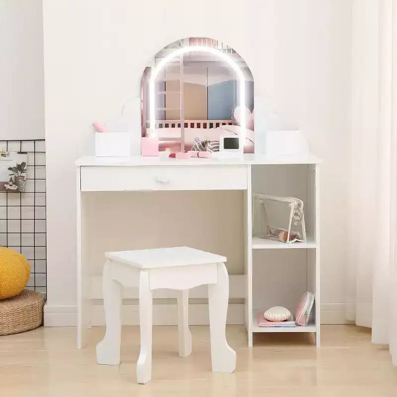 Coiffeuse Acekool pour enfants avec miroir et tabouret lumineux, LED réglables, tiroir, étagères de rangement, coiffeuse pour filles de 3 à 9 ans, Blanc