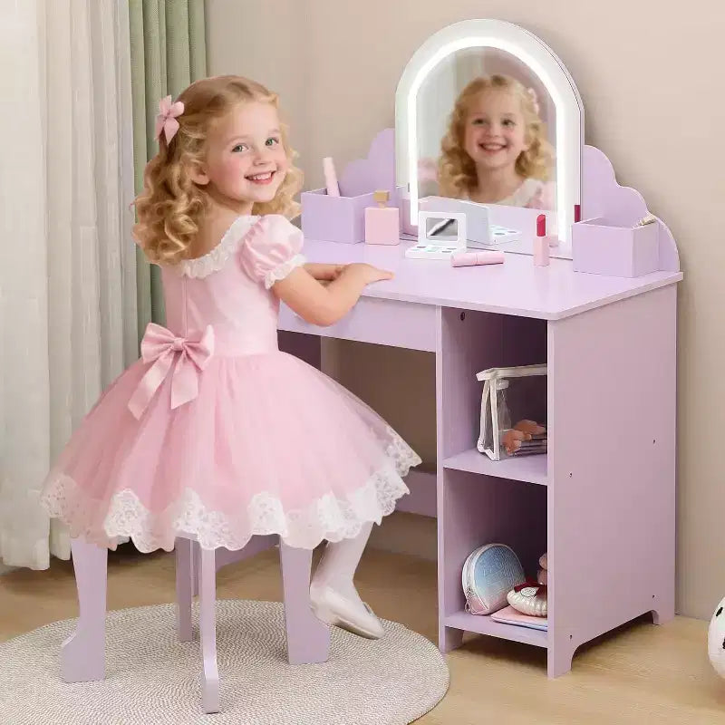 Coiffeuse Acekool pour enfants avec miroir et tabouret lumineux, LED réglables, tiroir, étagères de rangement, coiffeuse pour filles de 3 à 9 ans, Blanc