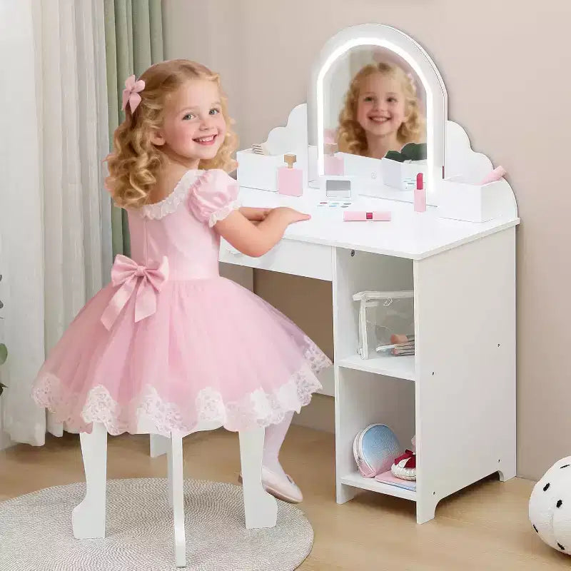 Coiffeuse Acekool pour enfants avec miroir et tabouret lumineux, LED réglables, tiroir, étagères de rangement, coiffeuse pour filles de 3 à 9 ans, Blanc