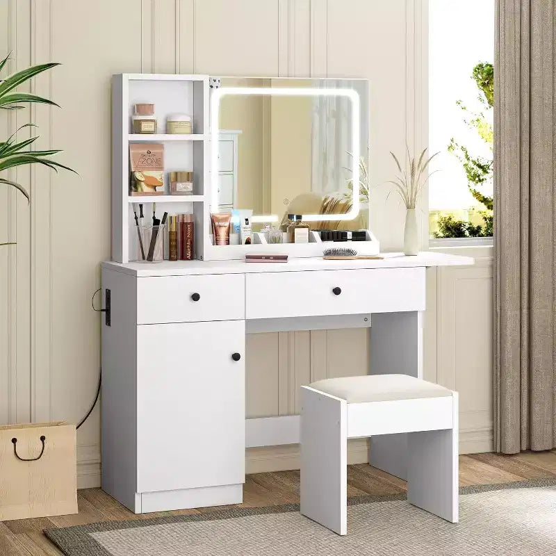 Coiffeuse de Maquillage avec Miroir et Lumières, Ensemble Coiffeuse avec Tiroir et Prise Électrique, Chaise et 3 Étagères, Chambre