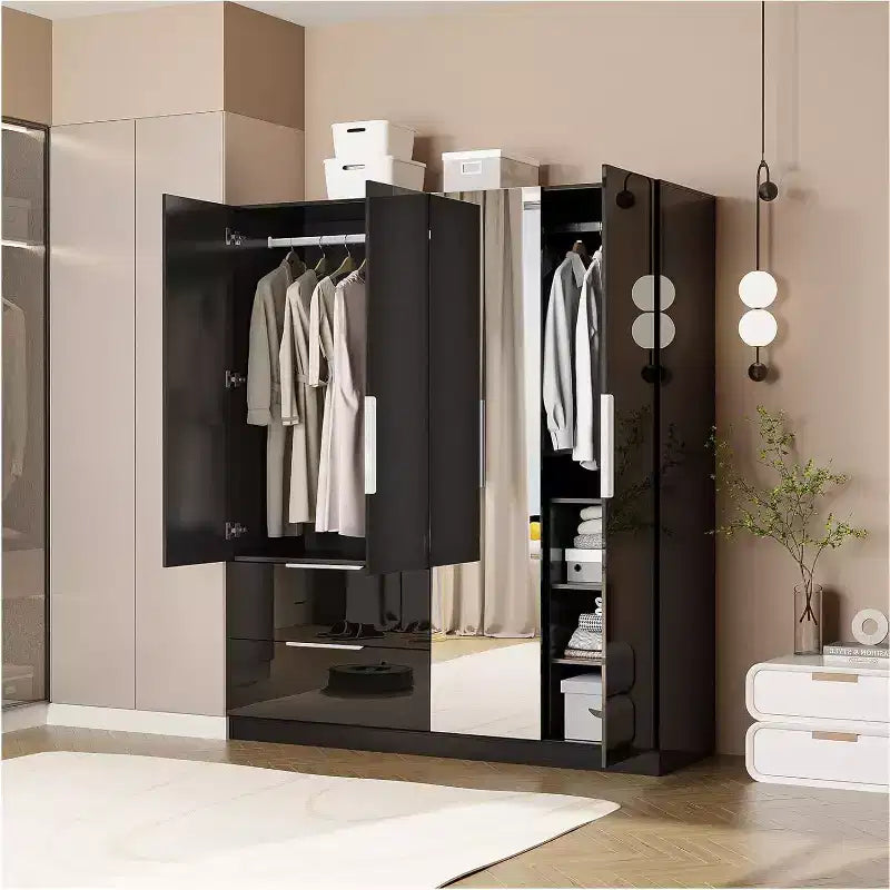 VINGLI Armoire Penderie Brillante 63 L x 73 H avec Miroir, Placard Penderie 4 Portes avec Tiroirs et Barre de Penderie, Noir Moderne