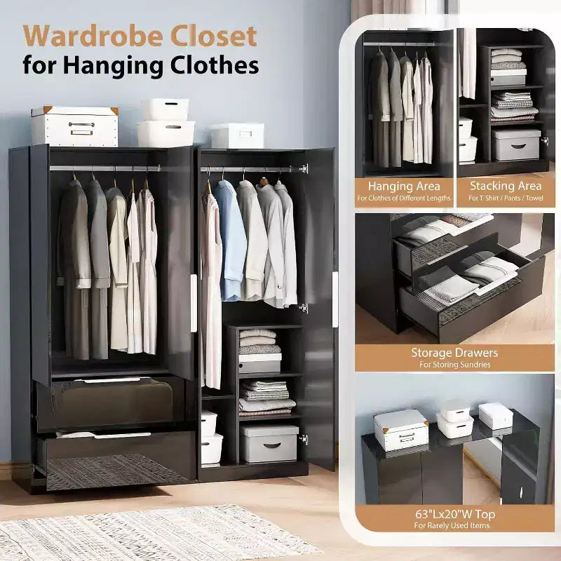 VINGLI Armoire Penderie Brillante 63 L x 73 H avec Miroir, Placard Penderie 4 Portes avec Tiroirs et Barre de Penderie, Noir Moderne