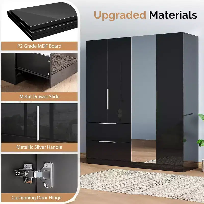 VINGLI Armoire Penderie Brillante 63 L x 73 H avec Miroir, Placard Penderie 4 Portes avec Tiroirs et Barre de Penderie, Noir Moderne