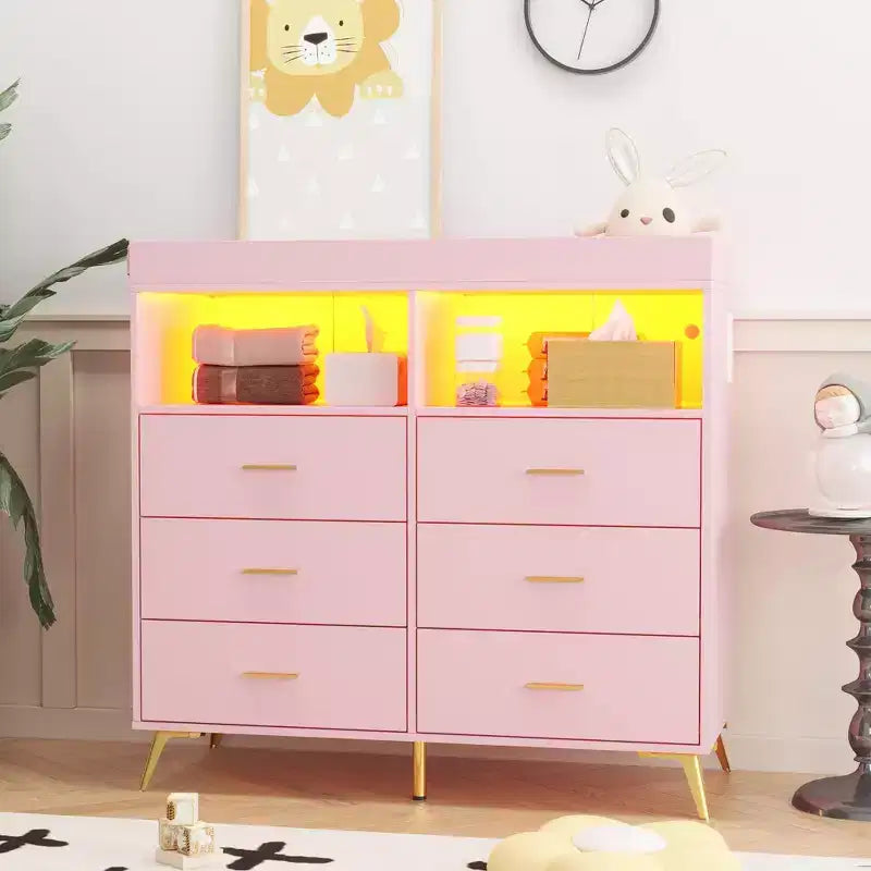 Commode à langer avec tiroirs, commode bébé avec plateau à langer, prise de courant, lumière LED et pieds métalliques, organisateur de nurserie station à langer