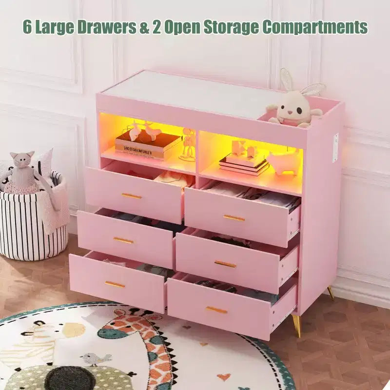 Commode à langer avec tiroirs, commode bébé avec plateau à langer, prise de courant, lumière LED et pieds métalliques, organisateur de nurserie station à langer