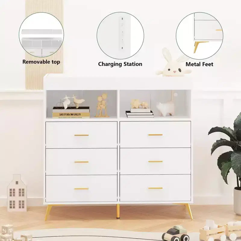 Commode à langer avec tiroirs, commode bébé avec plateau à langer, prise de courant, lumière LED et pieds métalliques, organisateur de nurserie station à langer