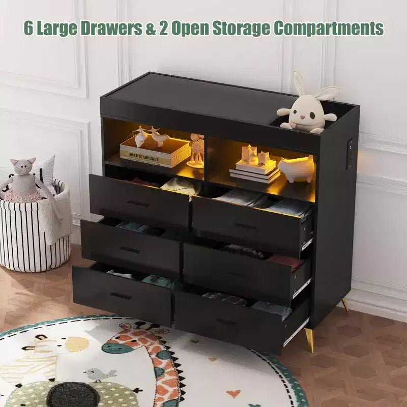 Commode à langer avec tiroirs, commode bébé avec plateau à langer, prise de courant, lumière LED et pieds métalliques, organisateur de nurserie station à langer