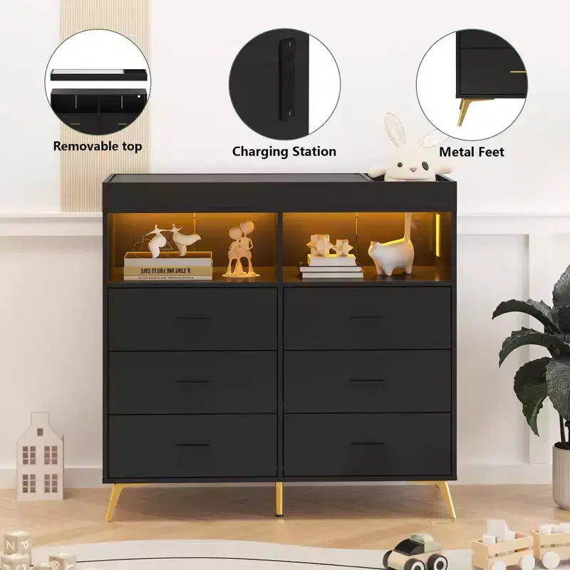 Commode à langer avec tiroirs, commode bébé avec plateau à langer, prise de courant, lumière LED et pieds métalliques, organisateur de nurserie station à langer