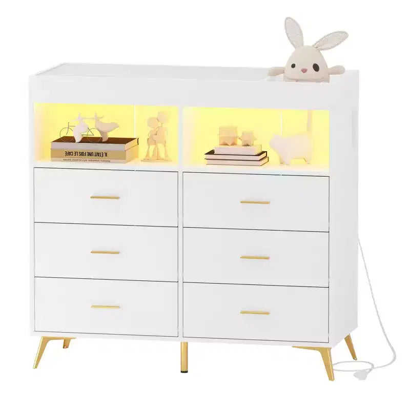 Commode à langer avec tiroirs, commode bébé avec plateau à langer, prise de courant, lumière LED et pieds métalliques, organisateur de nurserie station à langer