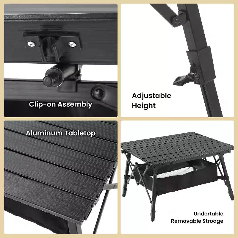 Table de camping pliante Arrowhead Outdoor, en aluminium, réglable en hauteur, avec filet de rangement sous la table et sac de transport, noire