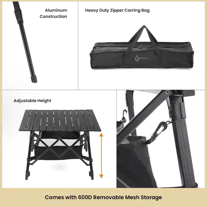 Table de camping pliante Arrowhead Outdoor, en aluminium, réglable en hauteur, avec filet de rangement sous la table et sac de transport, noire