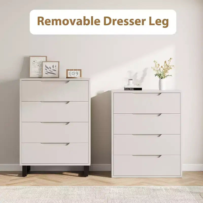 Commode verticale à 4 tiroirs, Meuble de rangement autoportant de 105 cm de haut avec pieds détachables, Armoire en bois pour chambre, salon, couloir et entrée