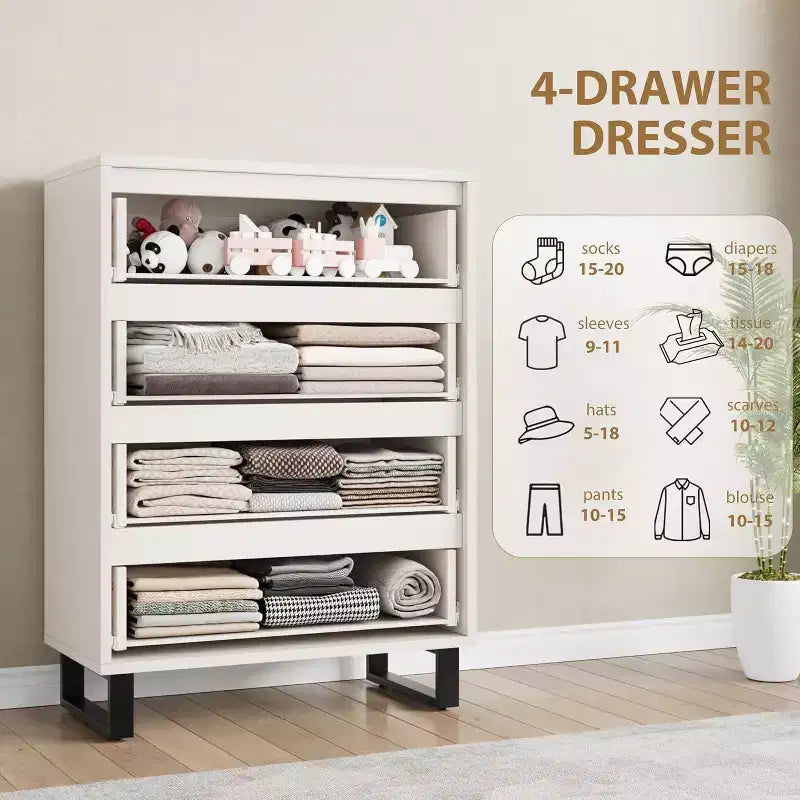Commode verticale à 4 tiroirs, Meuble de rangement autoportant de 105 cm de haut avec pieds détachables, Armoire en bois pour chambre, salon, couloir et entrée