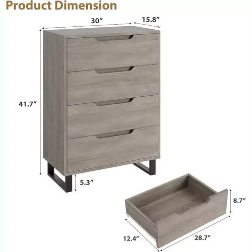 Commode verticale à 4 tiroirs, Meuble de rangement autoportant de 105 cm de haut avec pieds détachables, Armoire en bois pour chambre, salon, couloir et entrée