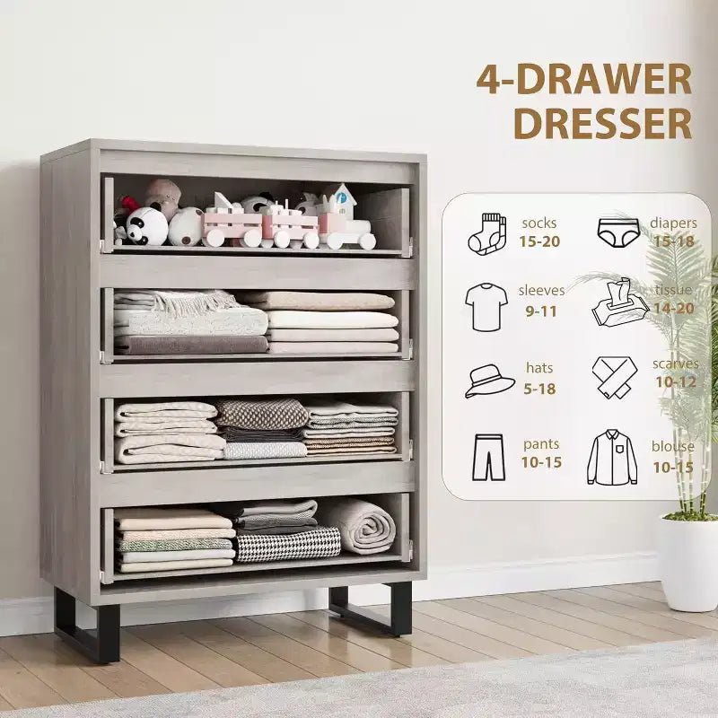 Commode verticale à 4 tiroirs, Meuble de rangement autoportant de 105 cm de haut avec pieds détachables, Armoire en bois pour chambre, salon, couloir et entrée