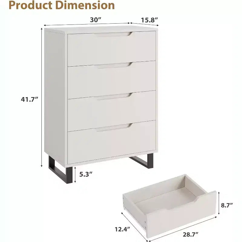 Commode verticale à 4 tiroirs, Meuble de rangement autoportant de 105 cm de haut avec pieds détachables, Armoire en bois pour chambre, salon, couloir et entrée
