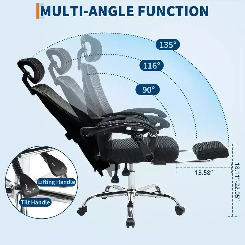 Chaise de bureau Acekool en maille avec repose-pieds, chaise de bureau ergonomique avec support lombaire, chaise d'ordinateur de direction réglable avec roulettes (plusieurs couleurs)