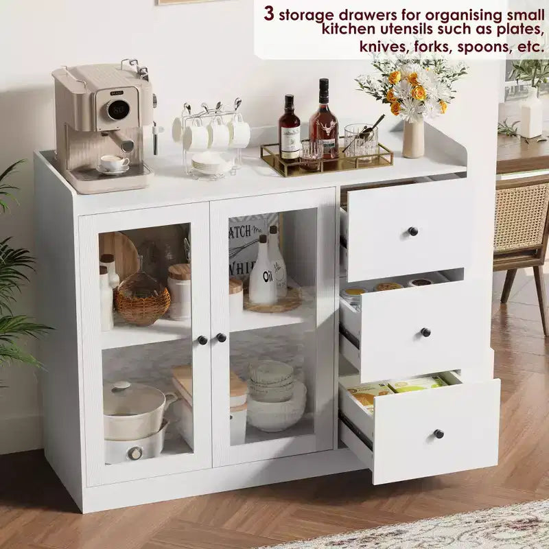 Buffet GustoWave avec rangement, buffet de cuisine moderne de 109 cm avec conception de garde-corps et étagères réglables et 3 tiroirs, table de buffet en bois