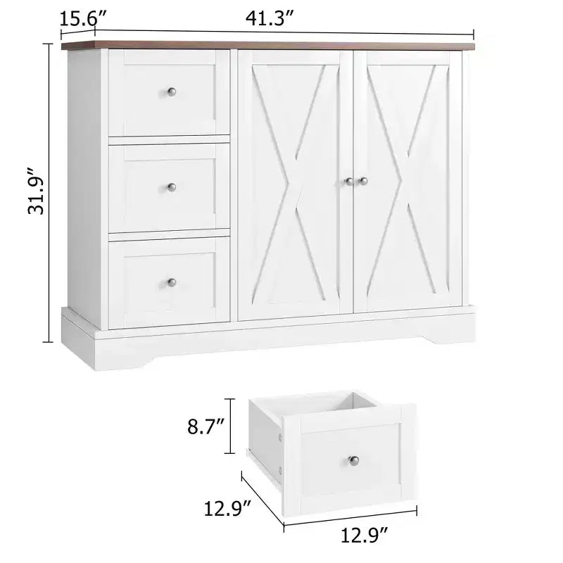 GustoWave 42 Meuble buffet de ferme avec rangement, meuble de bar à café avec 3 tiroirs, buffet pour cuisine, salle à manger, salon, blanc