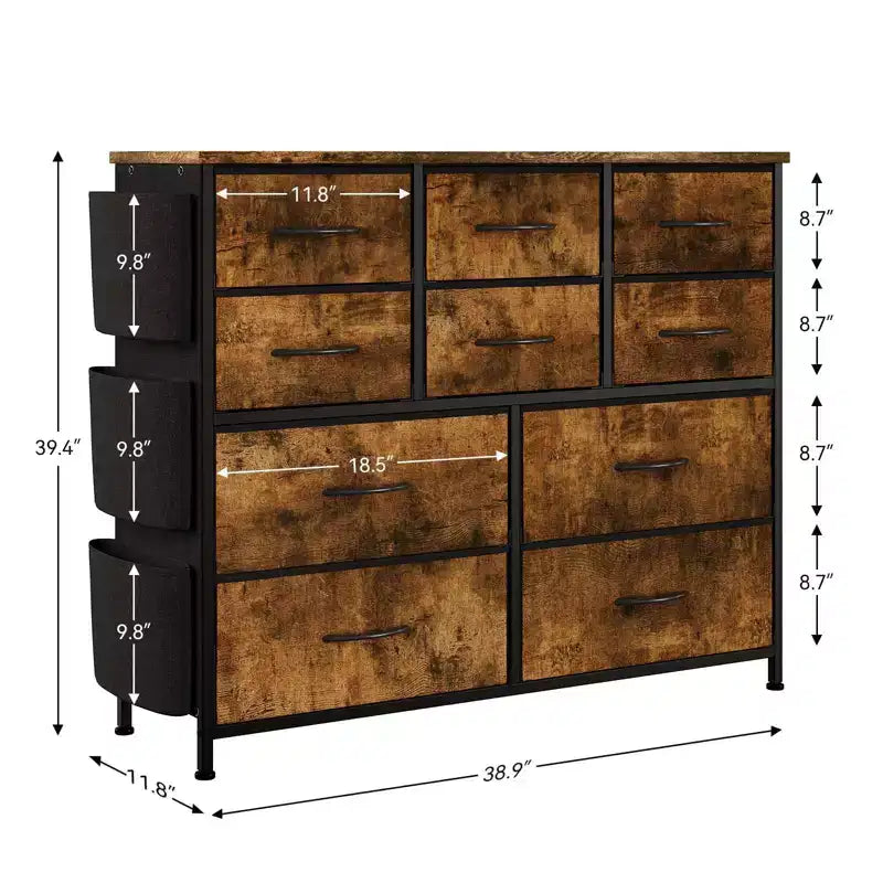 Commode GustoWave pour chambre à coucher, meuble de rangement en tissu à 10 tiroirs, commodes et chiffonniers avec poches latérales, crochets et plateau en bois