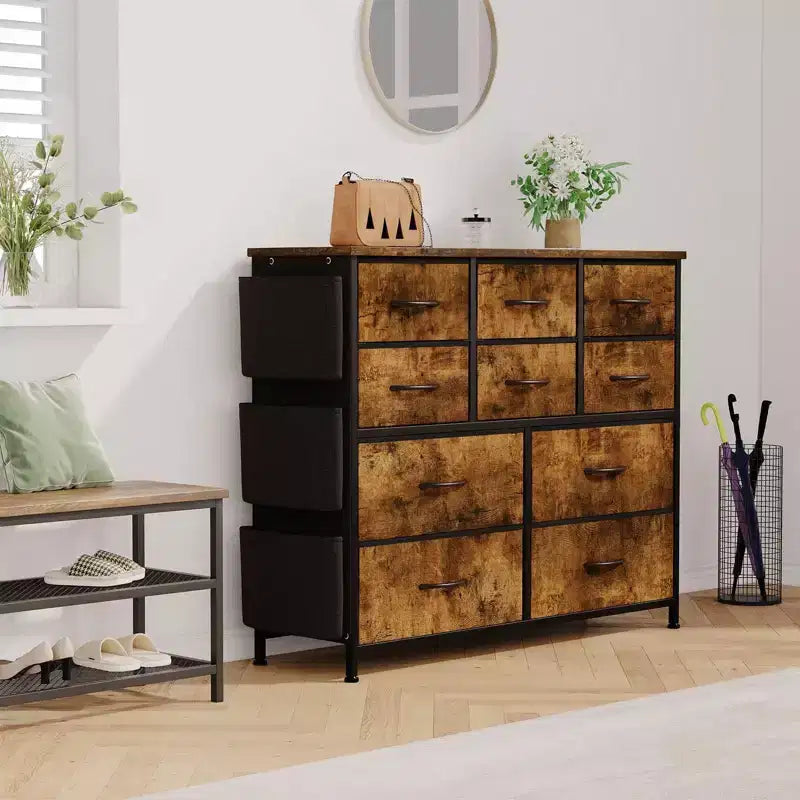 Commode GustoWave pour chambre à coucher, meuble de rangement en tissu à 10 tiroirs, commodes et chiffonniers avec poches latérales, crochets et plateau en bois