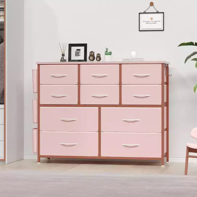 Commode GustoWave pour chambre à coucher, meuble de rangement en tissu à 10 tiroirs, commodes et chiffonniers avec poches latérales, crochets et plateau en bois